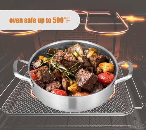Inqibee 5 QT Hybrid Nonstick Saute Pan with Lid, Tri-Ply Stainless Steel 12 Inch Deep Frying Pan Cookware, PFOA & PFOS Free, Induction Compatible, All Cooktops, Oven & Dishwasher Safe