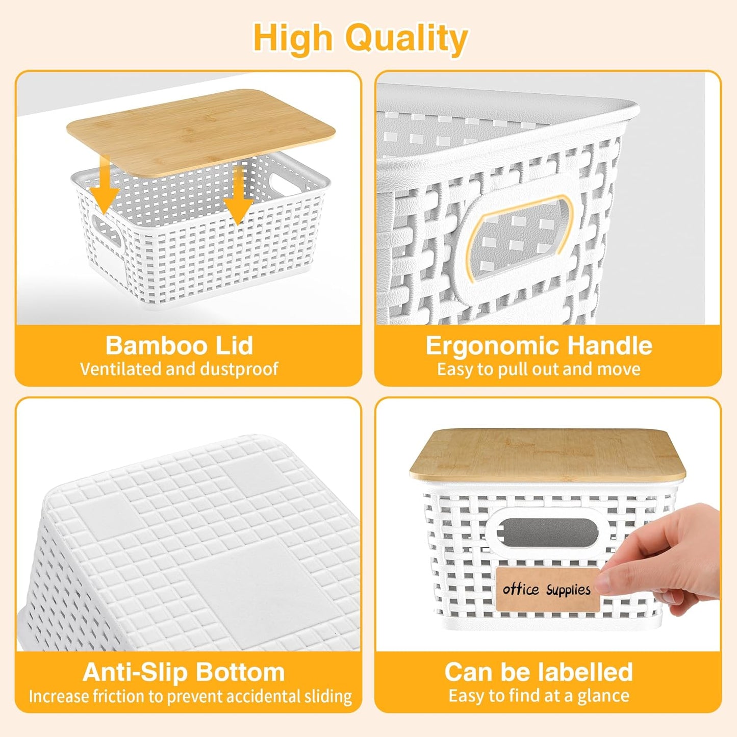 Skiennix Plastic Storage Baskets - Stackable Containers with Bamboo Lids & Labels, 6-Pack White