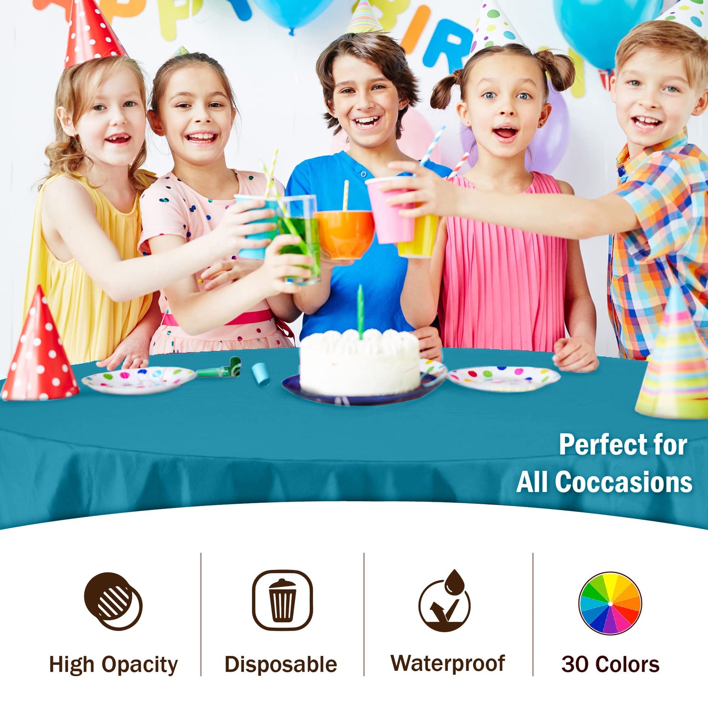 Exquisite Party Solids 6-Pack Premium Plastic Tablecloth 84in. Round Plastic Table Cover - Turquoise