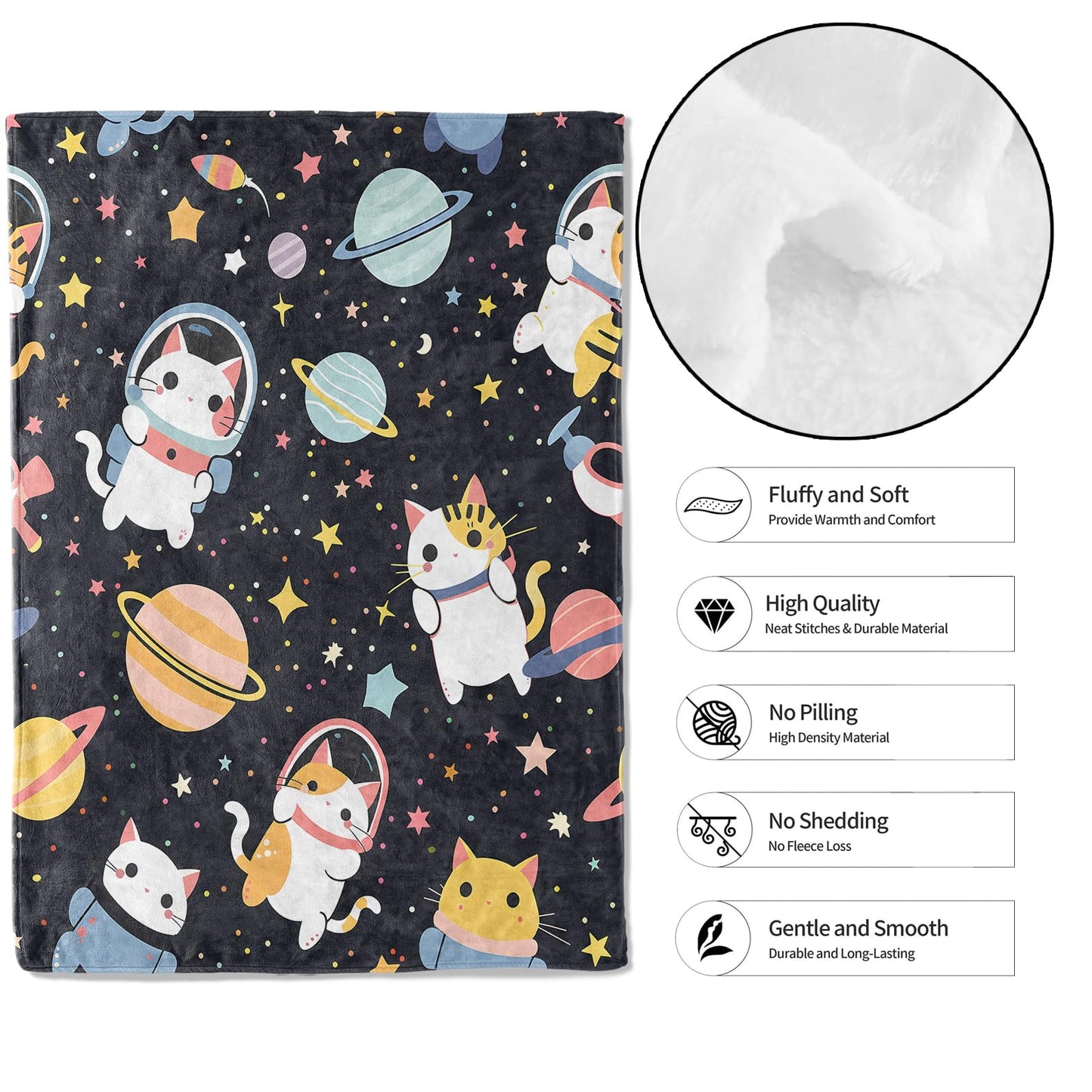 MIEPOS Space Cat Throw Blanket, 50x60in, Soft, Lightweight Flannel, Cute Astronaut Kitten with Planet and Star on Dark Sky Blankets, Gifts for Kids, for Home Living Room Decor
