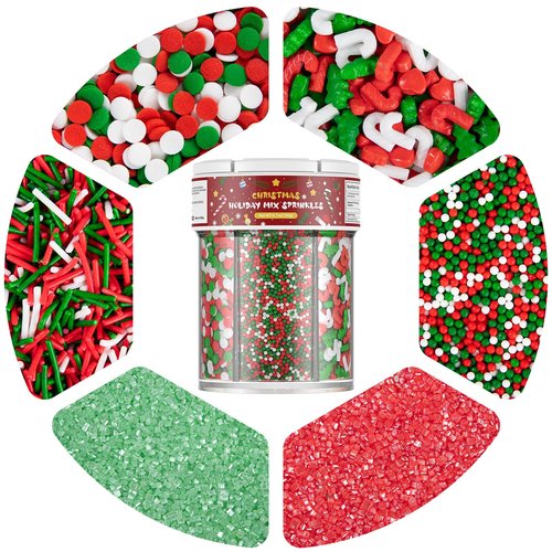 Christmas Sprinkles for Baking, 6 Cell Mix Sprinkles for Christmas Cake Decorating Fancy Sanding Sugar for Ice Cream,Donut,Chocolate Candy,Cookies Decorating - 6.7 oz