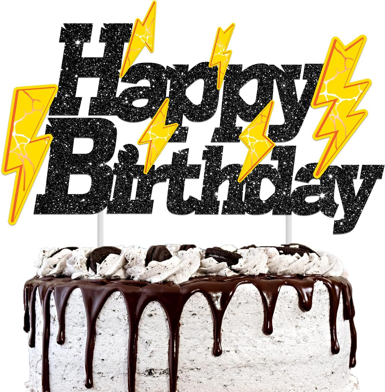 Skiennix Glitter Black Lightning Bolt Cake Toppers - Fun Birthday Party Decorations for Kids