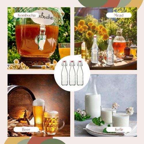 Blushtier 4 Pieces 16oz Swing Top Glass Bottles with Airtight Stopper Lids Flip Top Bottles with Caps for Family Brewing and Fermenting, Kombucha Mead Kefir Wine Beer Oil Vinegar