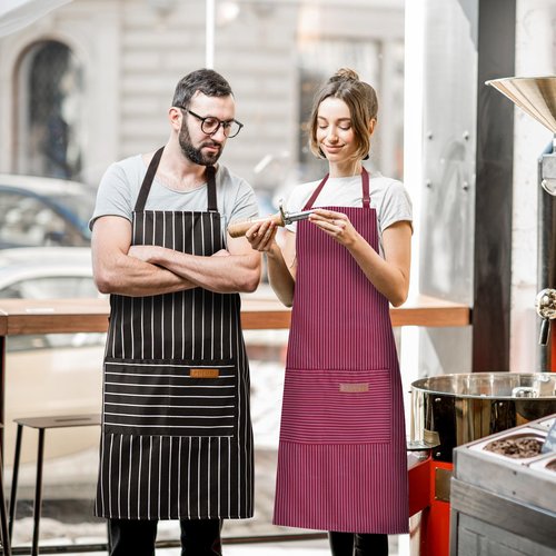 BeLuyi 2 Pack Adjustable Bib Apron with 2 Pockets Chef Cooking Kitchen Restaurant Aprons for Women Men (Wine/Black Stripes)