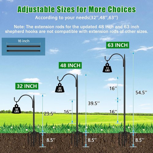 Feed Garden Adjustable Outdoor Shepherd Hook - Heavy-Duty Bird Feeder Pole, 60 Inch Tall, Black