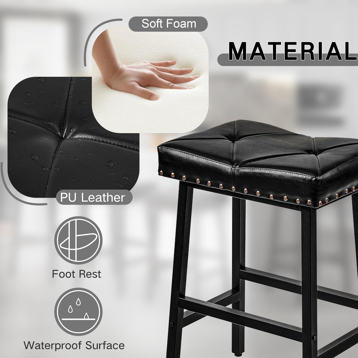 VECELO 25 inch Counter Height Stools for Kitchen Island, 3.3'' Thick PU Upholstered Saddle Seats, Backless Bar Chairs with Metal Base, Black