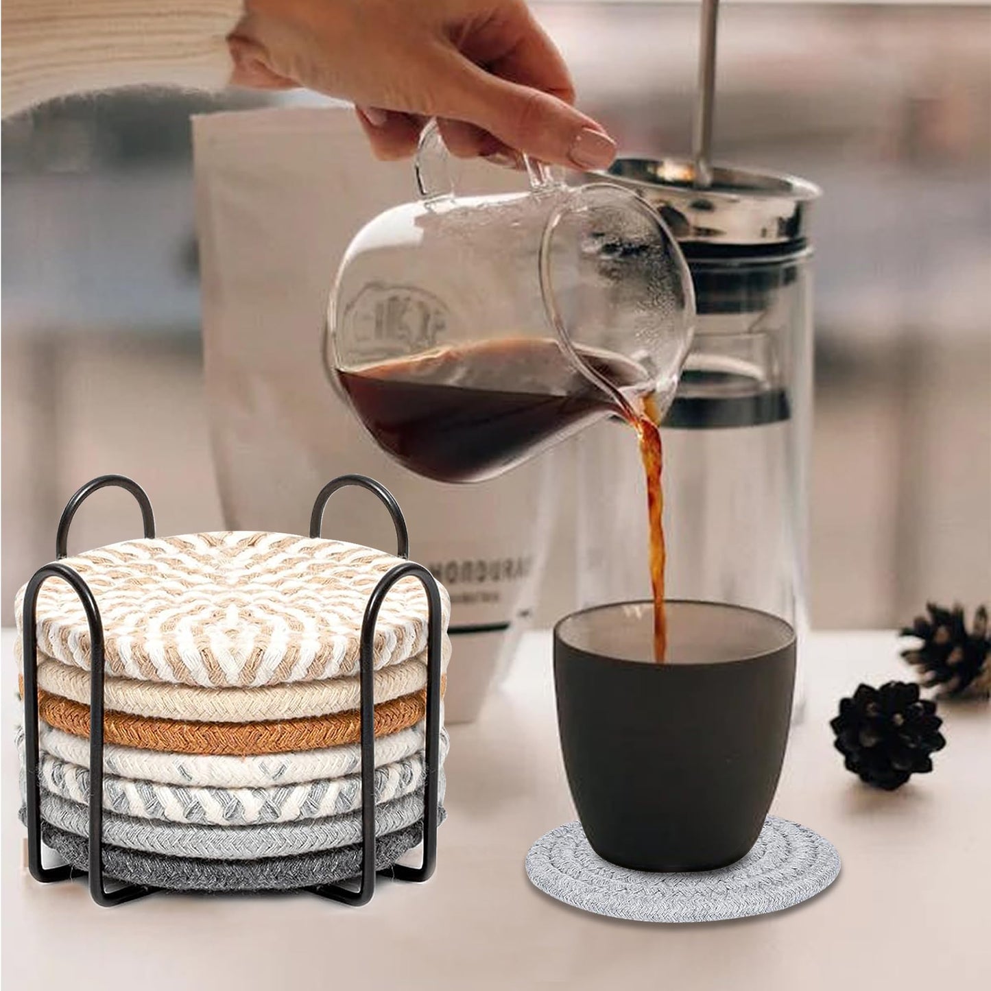 Windran Woven Coasters Set of 8, Absorbent Drink Coasters with Holder, Boho Cotton Coffee Cup Coaster for Table, Desk, Coffee Bar, Housewarming Gift (8 Colors,4.17 Inch)