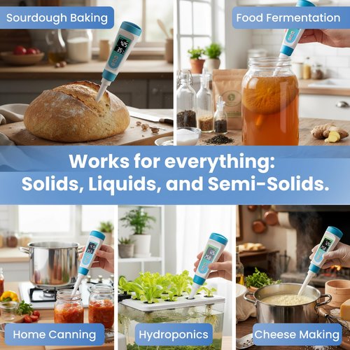 Digital pH Meter for Food - Professional pH Tester with Spear Probe for Sourdough, Fermentation, Hot Sauce, Canning, Cheese, Salami, Kimchi, Kombucha - Water-Resistant Kit with pH Calibration Powders