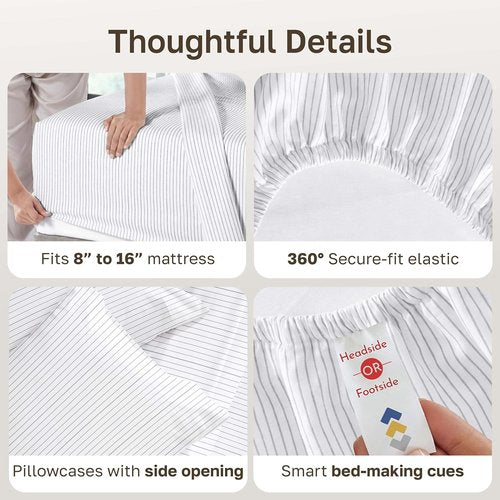 California Design Den Cal King Bed Sheets Set - 400 TC Award-Winning Soft Cotton, Smooth Sateen Finish, Deep Pockets - Pinstripe