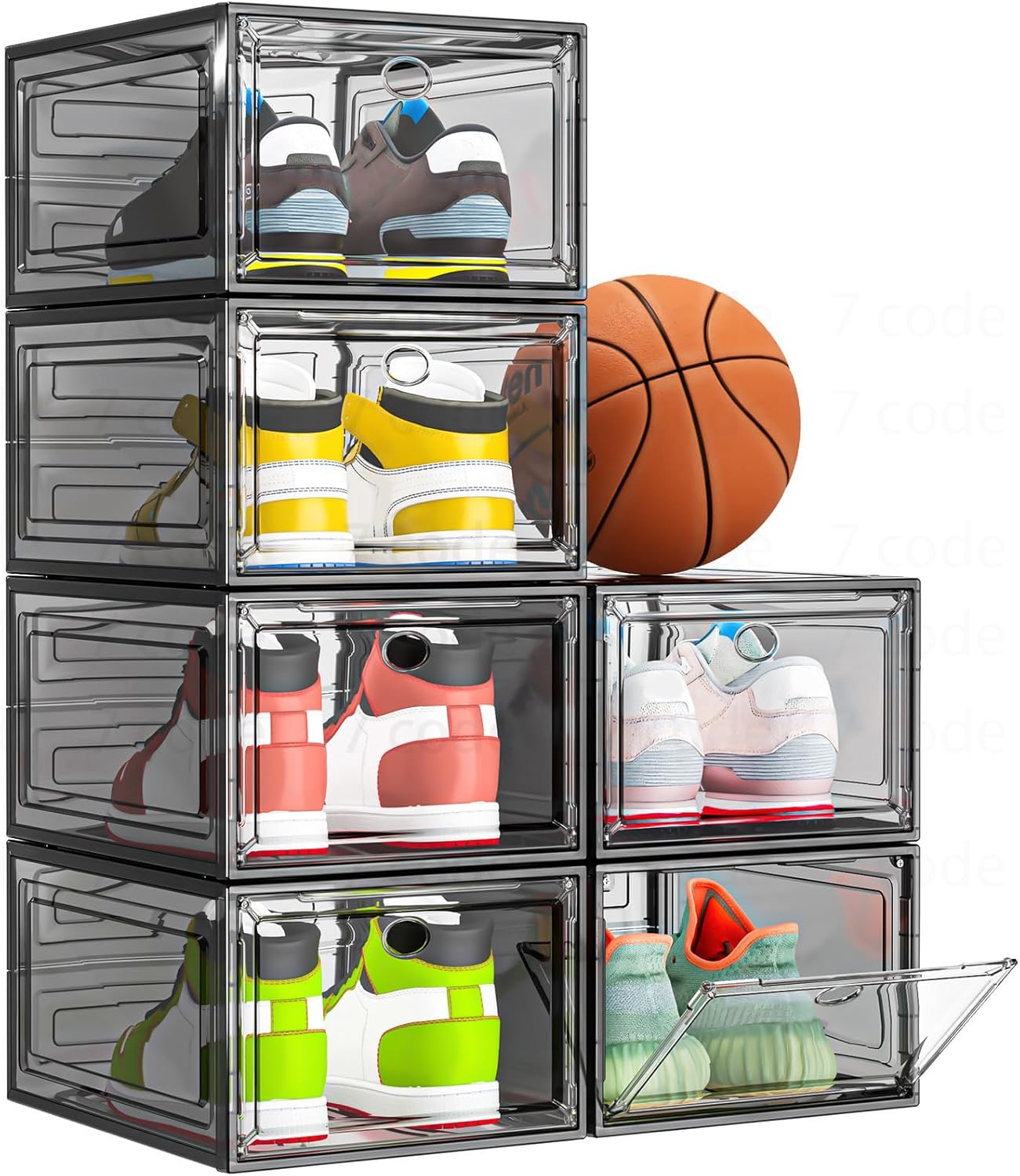 Skiennix Clear Shoe Storage Organizer - Thicken & Sturdy Stackable Boxes | 6 Pack, Black with Magnetic Door