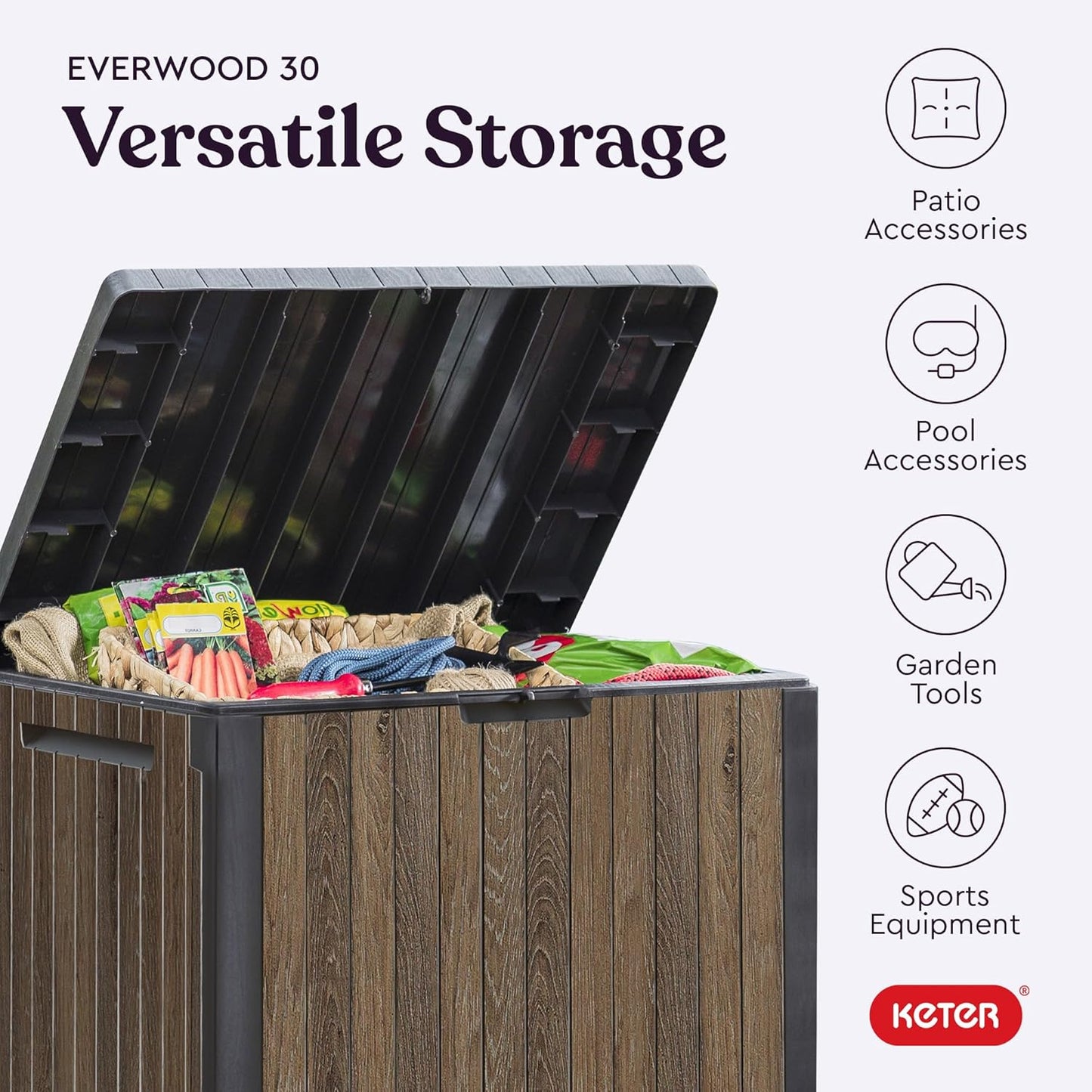 Keter Signature Everwood 30 Gallon Outdoor Storage Box - Stylish Patio Furniture & Garden Organizer, Walnut