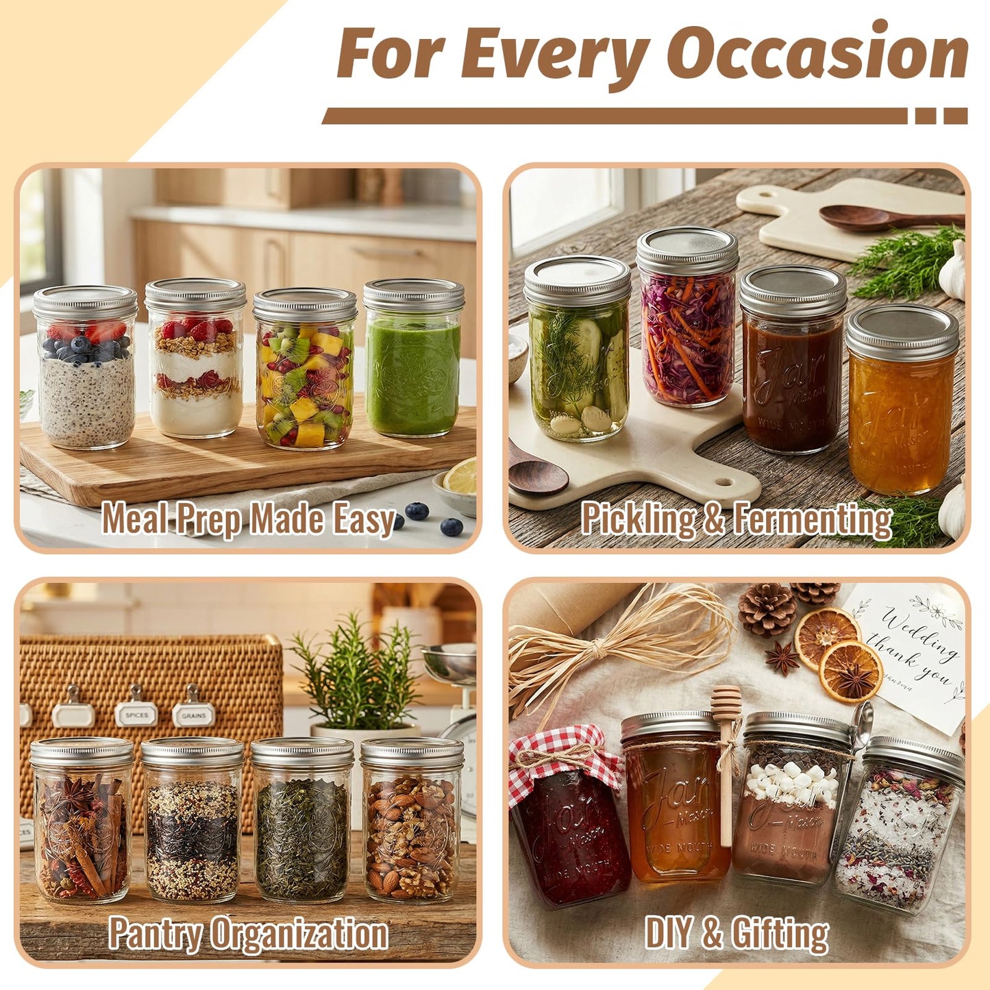 16 oz Wide Mouth Mason Jars with Embossing Pattern, 6 Pack Canning Jars with Volume Marks,Pint Glass Jars with lids for Fermenting,Pickling,Preserving,Meal Prep,Pantry organization,Gift Giving&Crafts