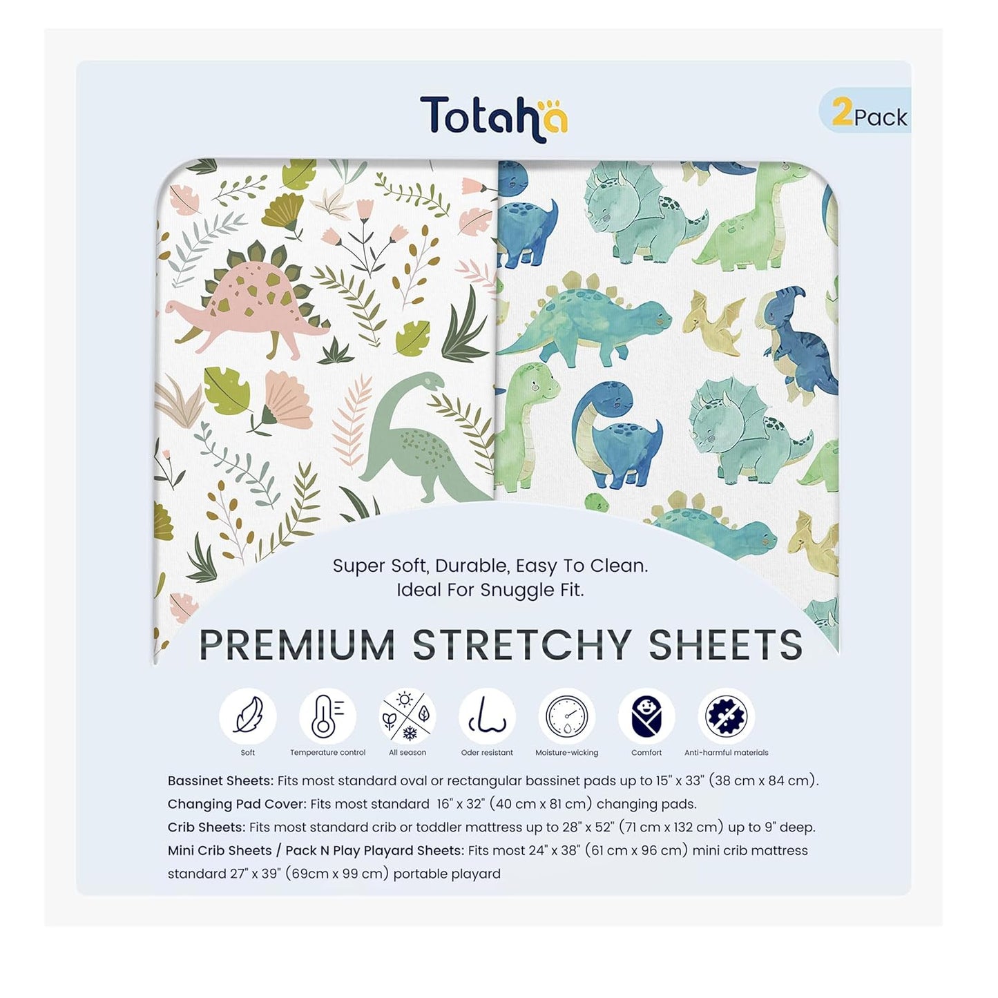TotAha Dinosaur Crib Sheets - Premium Soft & Breathable Fitted Mattress Sheets | 28x52x9 Extra Deep Pocket, 2 Pack