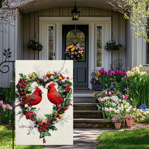 Cardinal Love Hearts Garden Flag - Double-Sided 12x18 Welcome Yard Decor for Farmhouse Patio