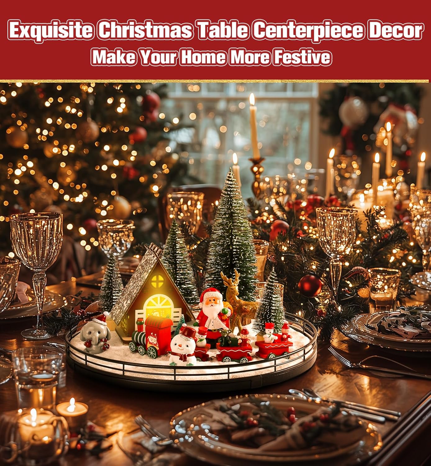 Oroyutor Christmas Village Set - 12 Pcs 13" Oak Wooden Lazy Susan with Santa Train & Trees | Holiday Decor