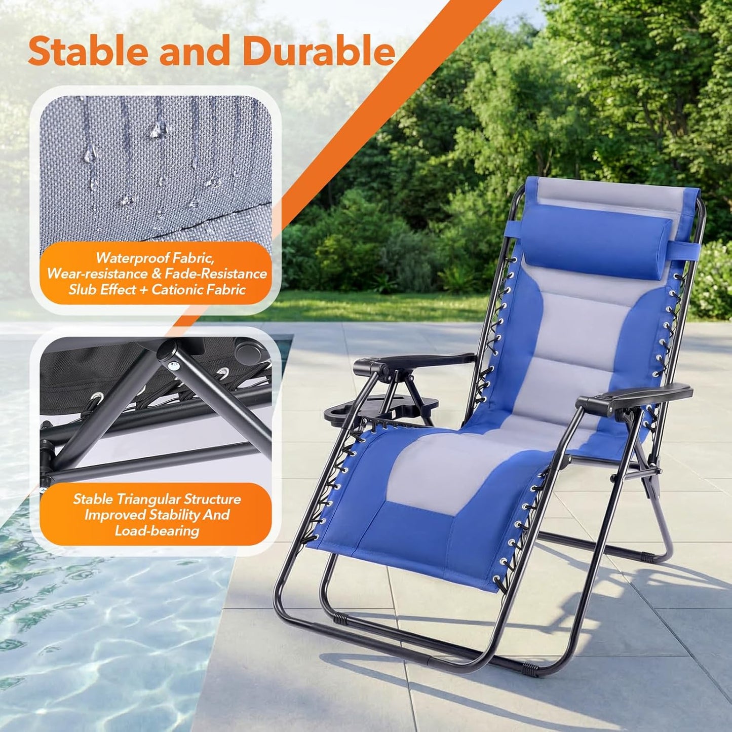Sweetcrispy Zero Gravity Chairs - Oversized Foldable Patio Recliners with Adjustable Pillow & Cup Holder - Supports 400 lbs (Blue-Gray)