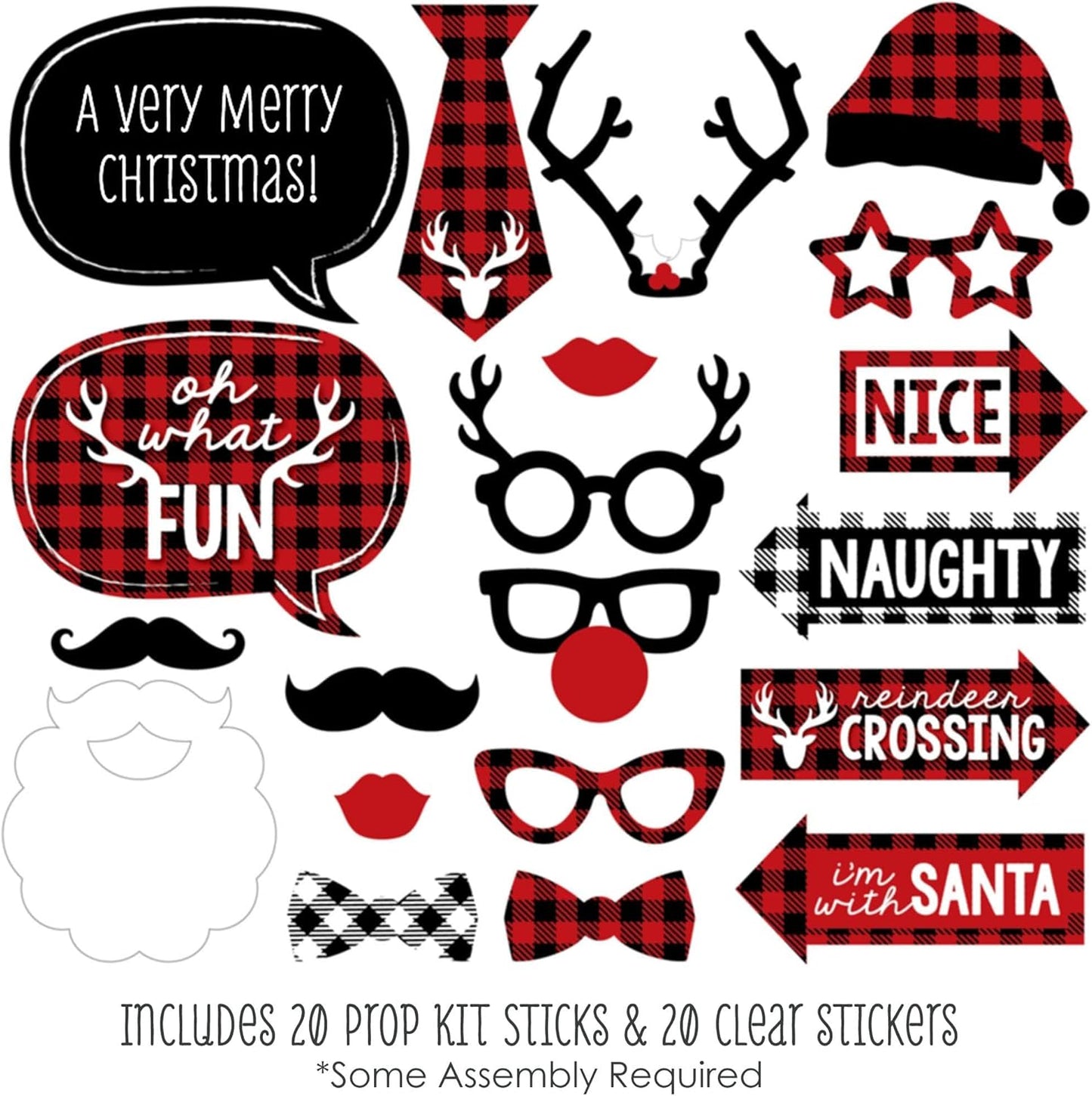 Buffalo Plaid Christmas Photo Booth Props Kit - 20 Count Holiday Decorations