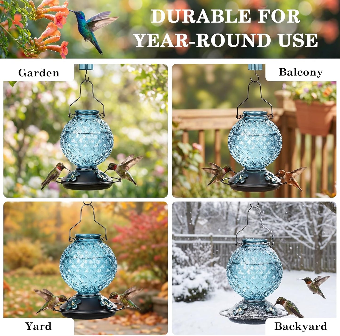 Skiennix Glass Hummingbird Feeder - 25 Oz Outdoor Nectar Feeder with 4 Bee Guards & Ant Moat | Blue