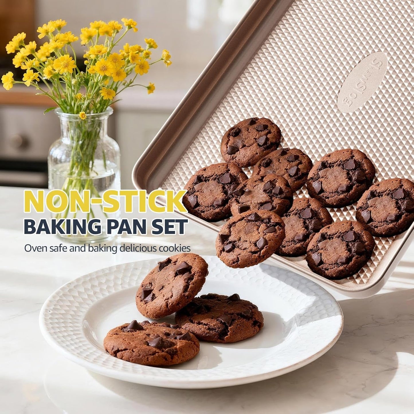 3Pcs Nonstick Baking Sheet Pan Set by [Brand Name] - Heavy Duty Carbon Steel | Gold Jelly Roll Pans