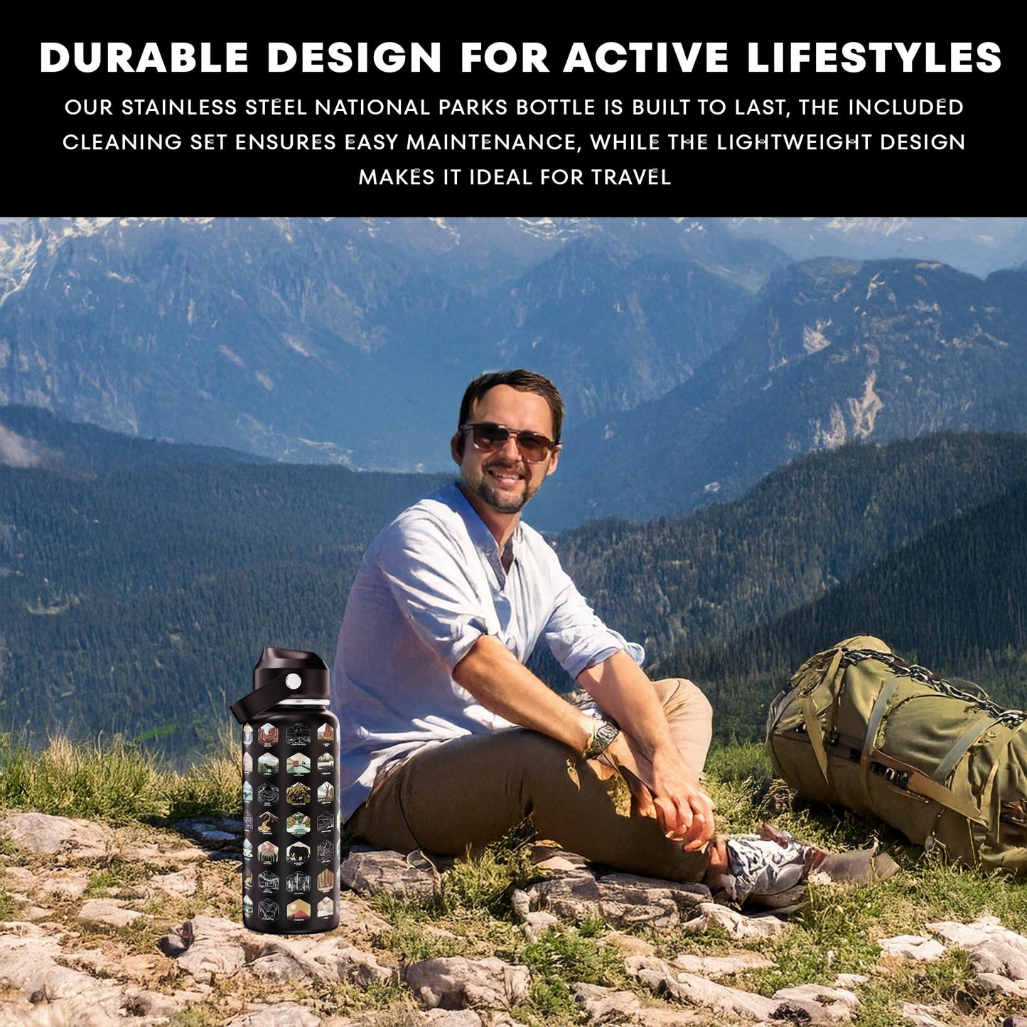 National Parks Water Bottle With 63 Stickers & Straw Cleaner Brush | 32 Oz Insulated Stainless Steel, BPA-Free, And Leak-proof Bottle For Hiking, Camping & Travel | Gift-ready Box (BLACK)