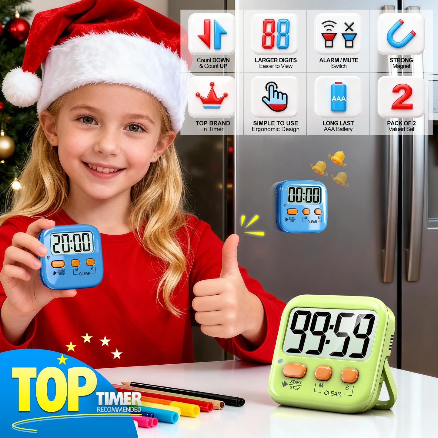 Antonki 2 Pack Digital Timer for Kids, Magnetic Countdown Kitchen Timers for Cooking, Egg, Classroom, Teacher, Exercise, Study, Oven - Battery Included