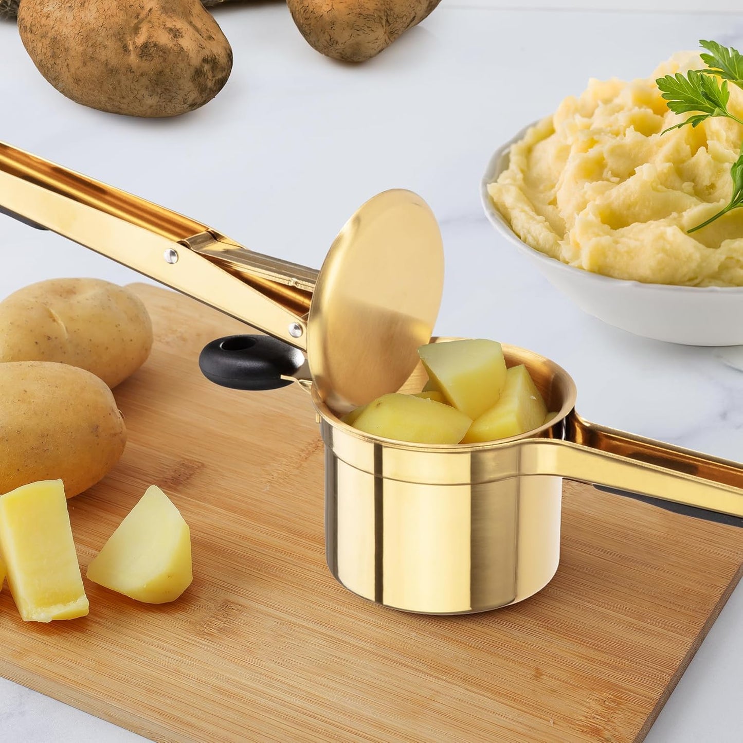 Zulay Kitchen 15oz Potato Ricer - Heavy Duty Stainless Steel Masher for Perfect Mashed Potatoes | Gold/Black