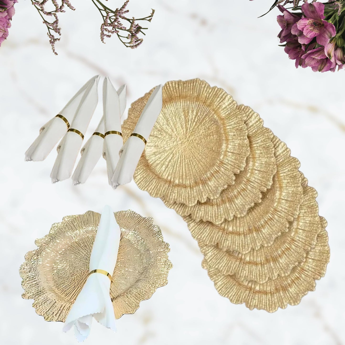 LEMELC Gold Plastic Charger Plates Set – 6 Reef-Style 13" Chargers with 6 White Napkins & 6 Gold Metal Rings – Party Charger Plates & Elegant Table Décor for Dinner Parties & Special Occasions