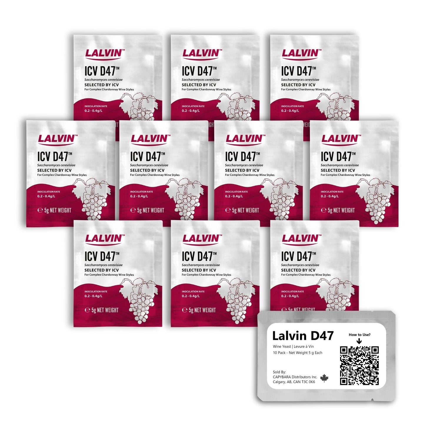 Lalvin D47 Wine Yeast (10 Pack) - Make Wine Cider Mead Kombucha At Home - 5 g Sachets - Saccharomyces cerevisiae - Sold by CAPYBARA Distributors Inc.