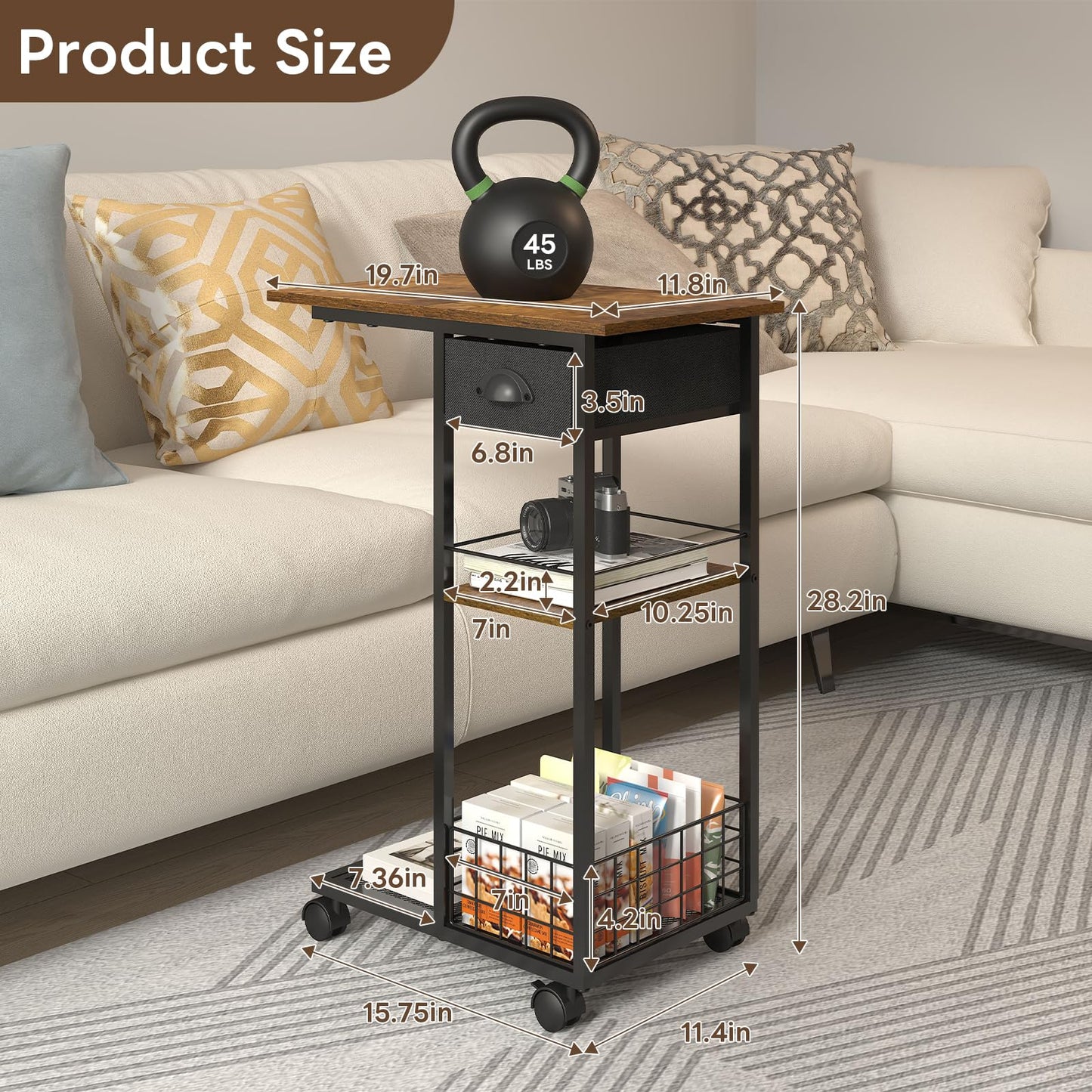Vintage C Shaped End Table with Storage Basket, Tiltable & Large Tabletop Side Table with Drawer, Bedside Table with Wheels, Rolling C Table for Living Room, Bedroom, Bedside, Rustic Brown and Black