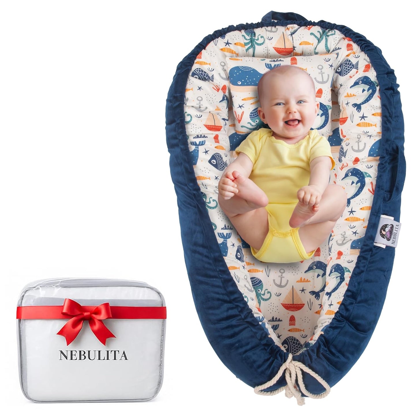 Skiennix Newborn Lounger - Flexible & Portable Infant Support Cushion in Blue | Soft 100% Cotton for Travel & Supervised Use
