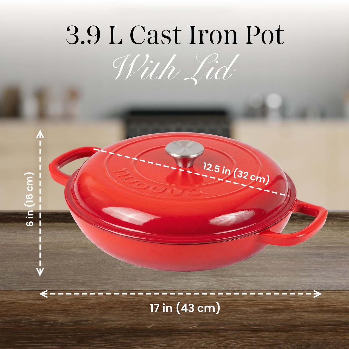 Shallow Cast Iron Casserole with Lid – Non Stick Dutch Oven Pot, Oven Safe up to 500° F – Sturdy Ovenproof Stockpot Cookware – Enamelled Cooking Pot – Red, 5-Quart, 32cm – by Nuovva