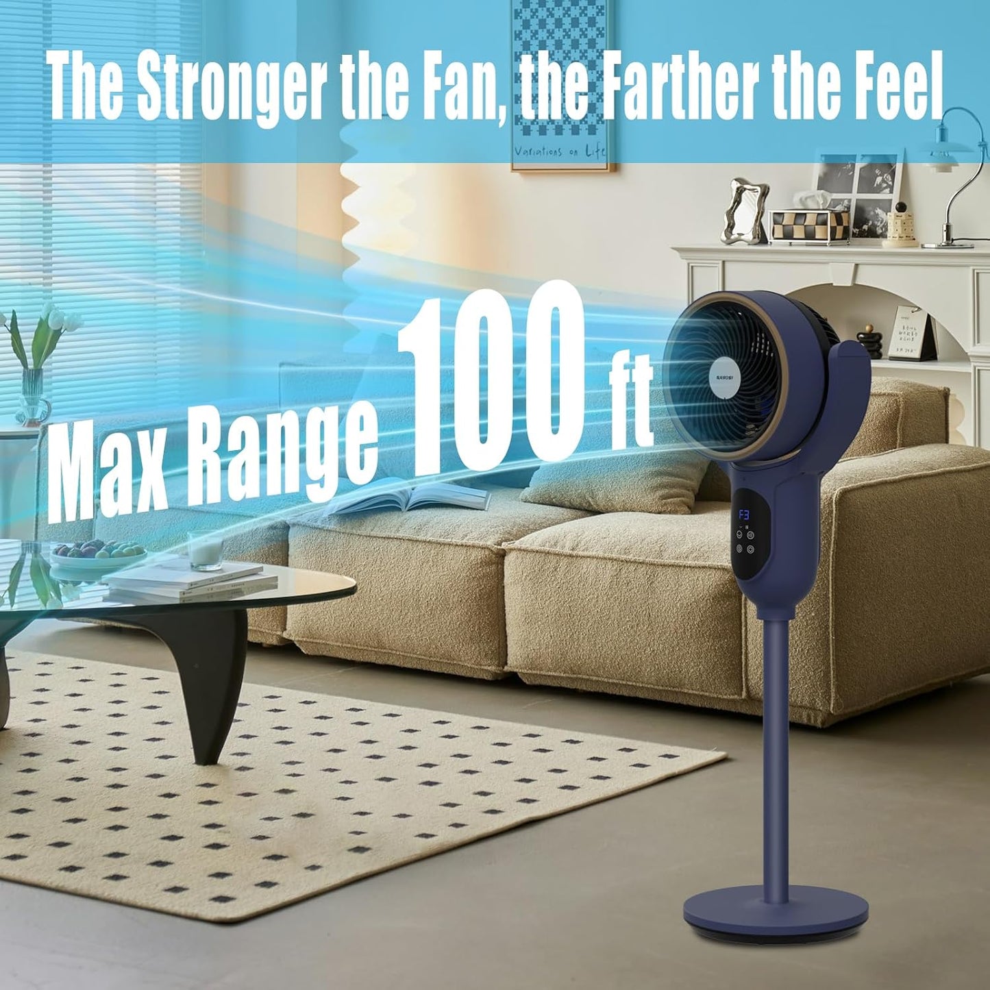 Skiennix Oscillating Tower Fan - 90° Auto Cooling Pedestal Fan for Home & Office | Blue Finish