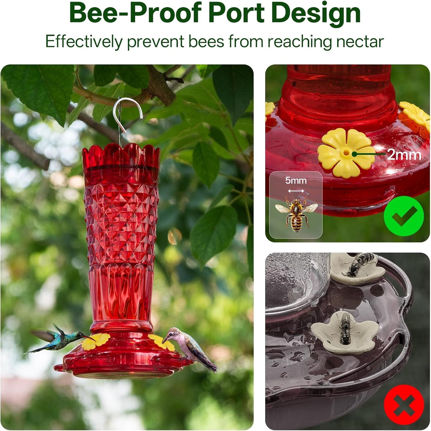 Skiennix Hummingbird Feeders - 14oz Ant & Bee Proof Design | 4 Feeding Ports for Outdoor Garden Decor, Red - 2 Pack