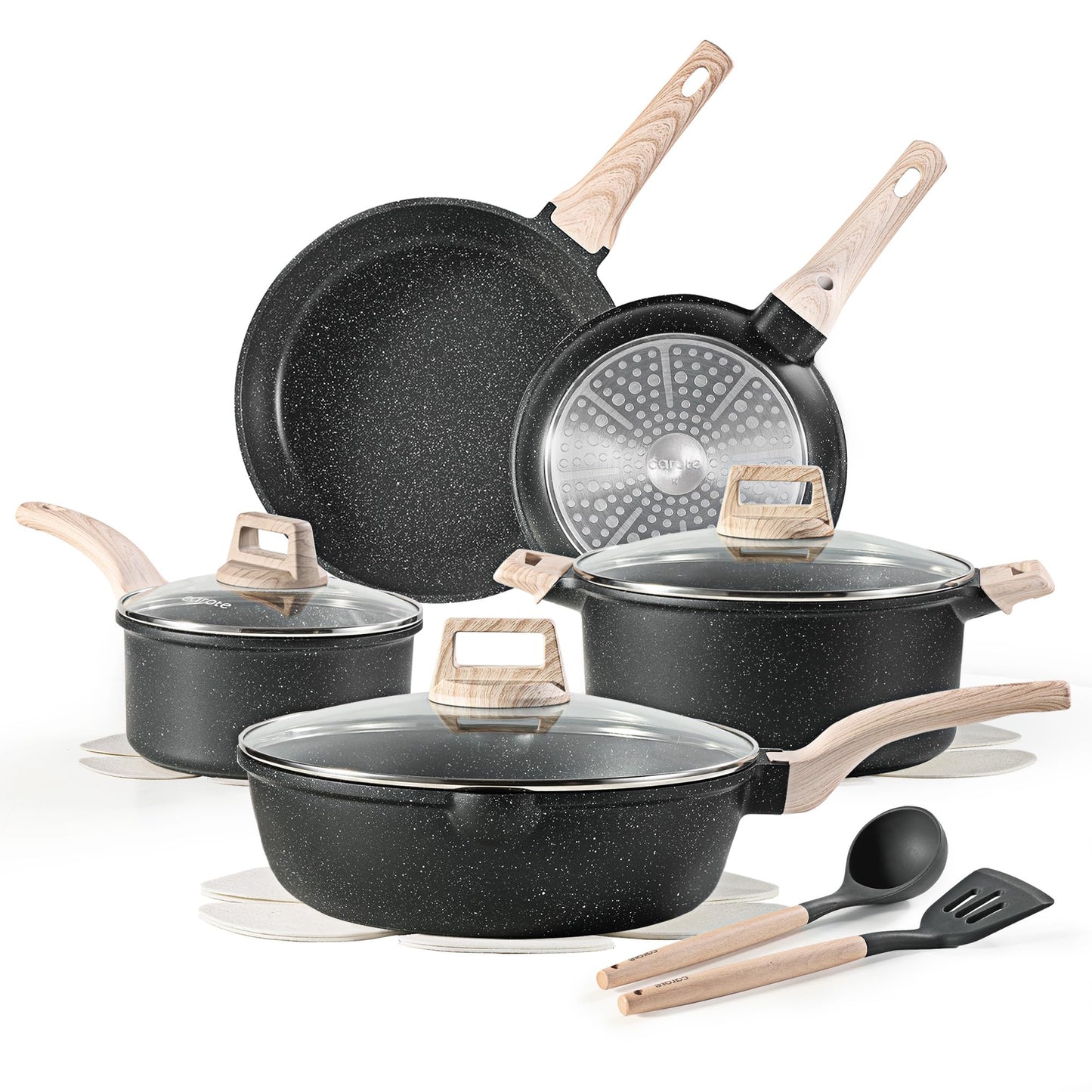 CAROTE Pots and Pans Set, Nonstick Cookware Sets, Classic Black Induction 14Pcs Cookware Non Stick Cooking Set w/Frying Pans & Saucepans