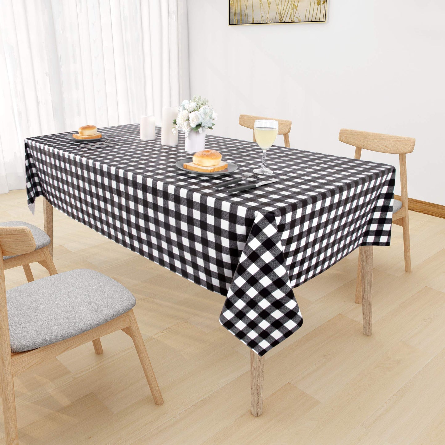 sancua Checkered Vinyl Rectangle Tablecloth - 52 x 70 Inch - 100% Waterproof Oil Proof Spill Proof PVC Table Cloth, Wipe Clean Table Cover for Dining Tables, Buffet Parties, Black and White