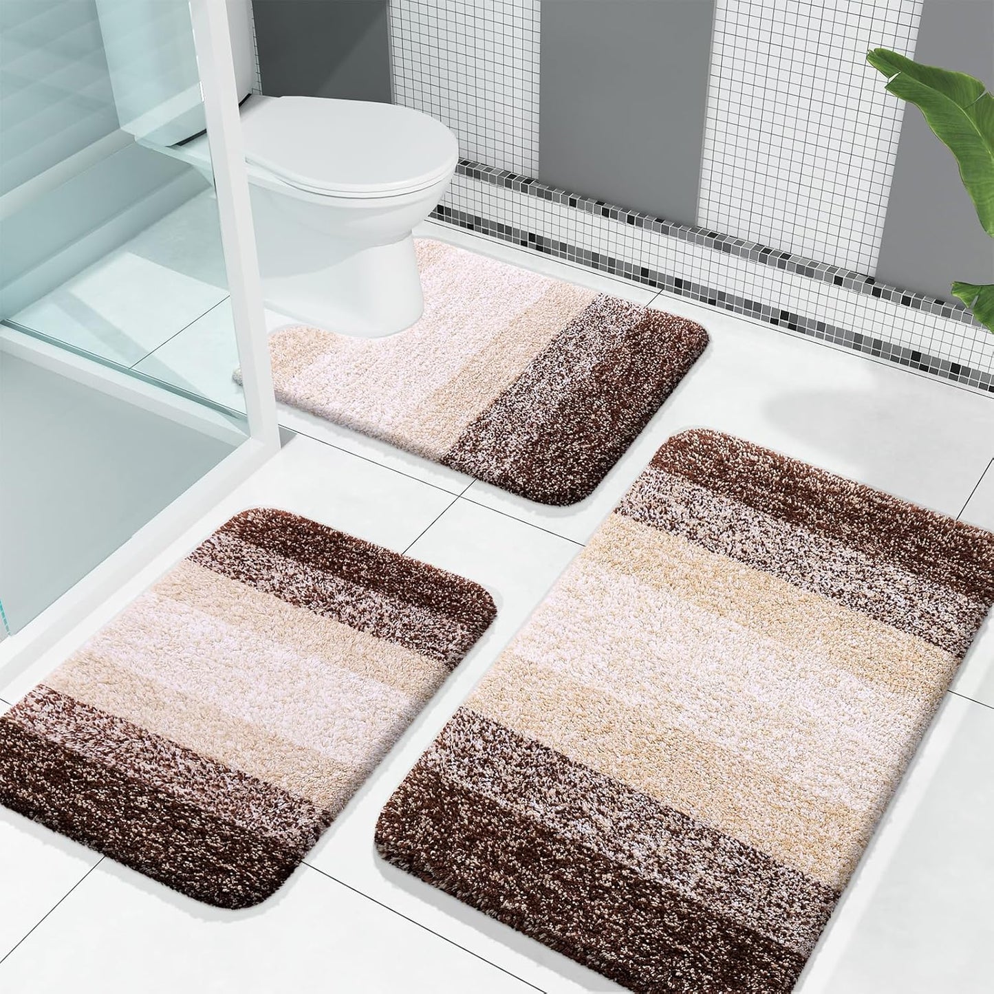 OLANLY Bathroom Rugs Set - Soft Absorbent Microfiber Mats with U-Shaped Contour Rug | 3-Piece Brown Set (30"x20"+24"x16"+24"x20")