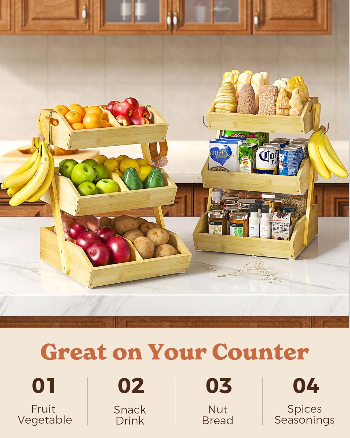 Sevenblue 3-Tier Bamboo Fruit Basket - Large Kitchen Counter Organizer with Banana Holders & Mats
