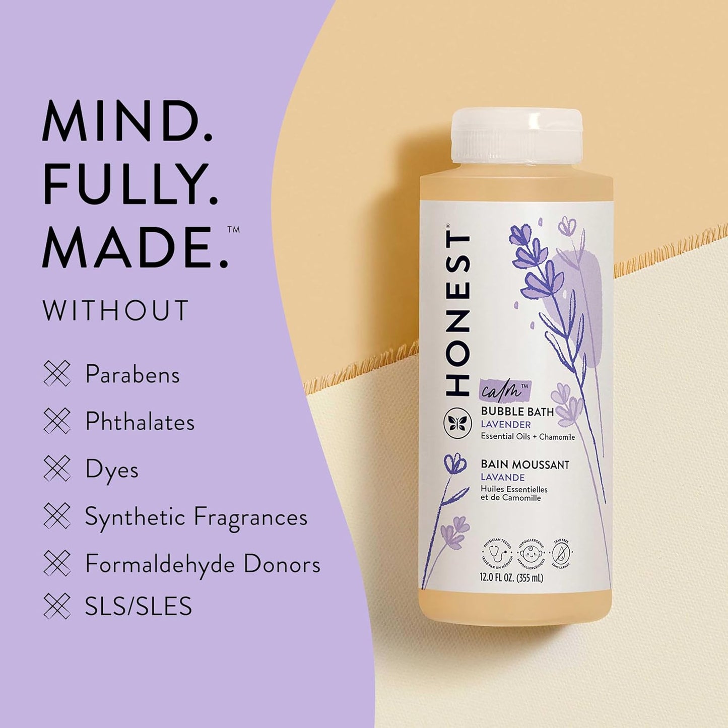 The Honest Company Foaming Bubble Bath | Tear-Free, Hypoallergenic Lavender Calm, 12 fl oz