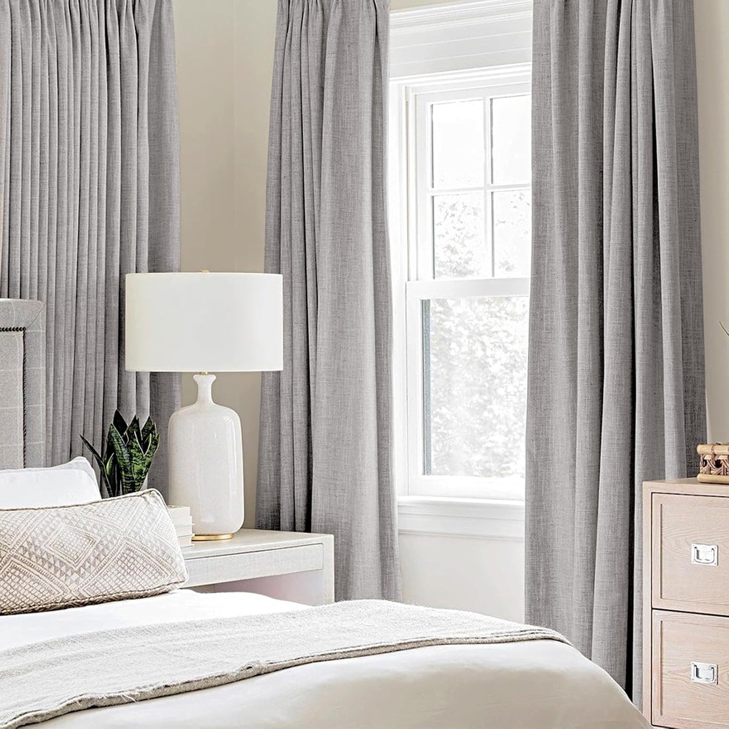 MIULEE 90-Inch Linen Texture Curtains - 100% Blackout Thermal Insulated Light Gray Drapes | 52x90 Inch (2 Panels)