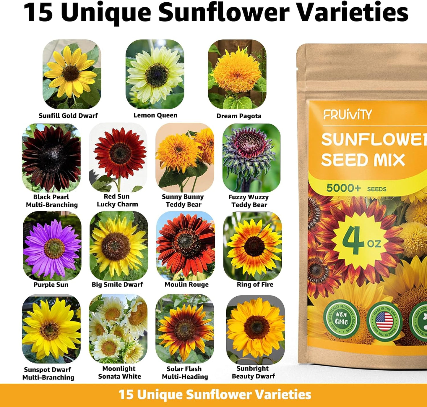 Skiennix 5000+ Sunflower Seeds - 15+ Heirloom Varieties, 4 Oz Garden Mix, High Germination, Attracts Pollinators