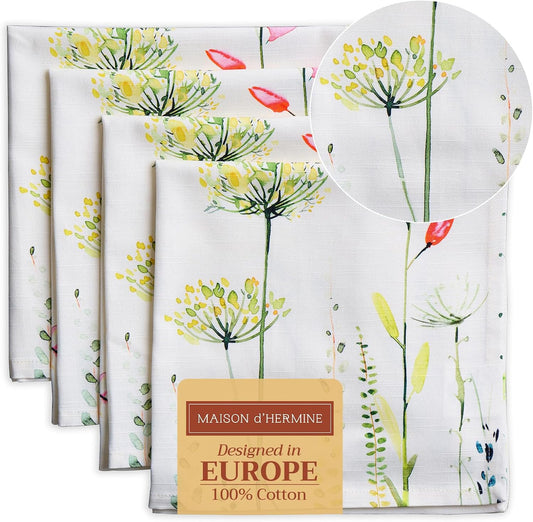 Botanical Fresh Cloth Napkins Set of 4 - 100% Cotton, Reusable & Washable, 20"x20" for Dinner, Parties & Weddings