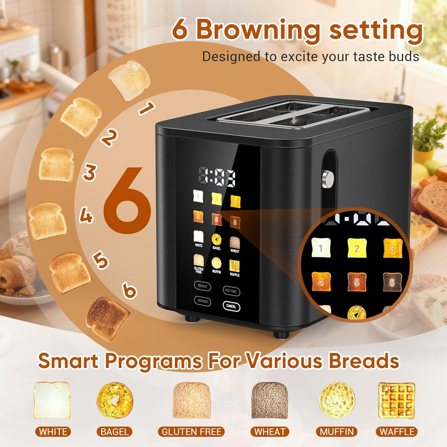 Skiennix Touch Screen Toaster - 2 Slice Black Toaster with LCD Display & 6 Shade Settings
