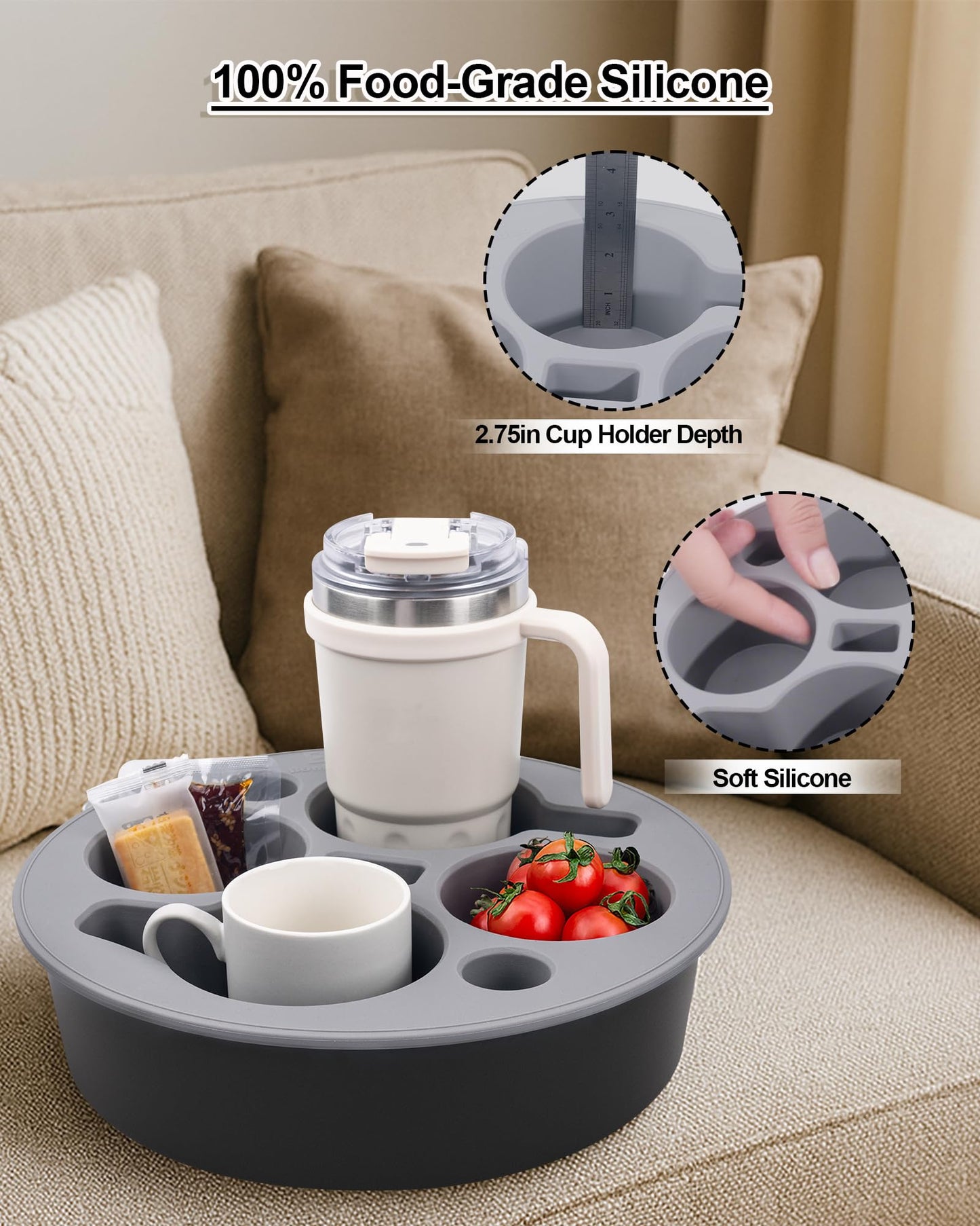 Couch Cup Holder Tray Round, Bonfixe 4-Cups Bedside Drink Holder for Elderly/Pregnancy, Stable Non-Spill Silicone Couch Caddy for Remote Control, Glasses‌, Snacks, Phones‌ (Black)