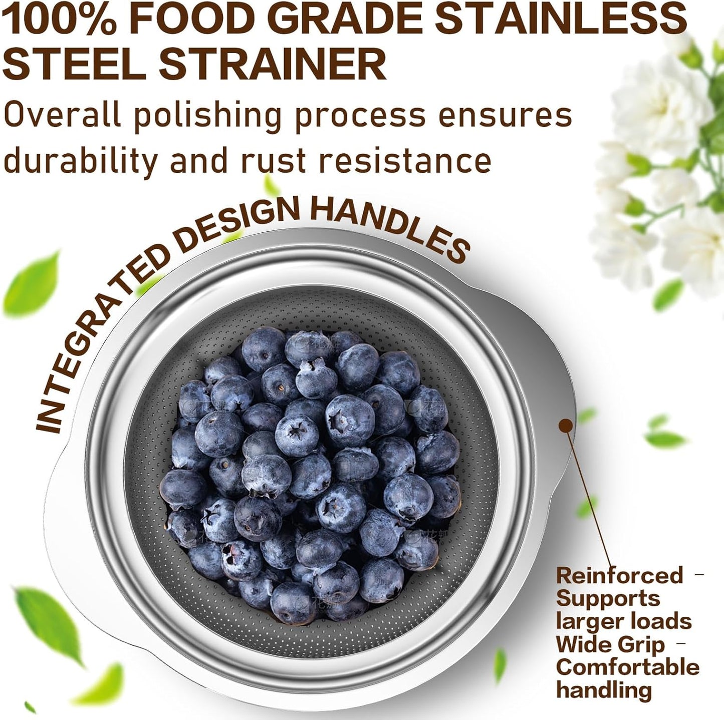 Skiennix Stainless Steel Colander Set - 3-Piece Strainer for Pasta & Fruits | Dishwasher Safe (2QT, 3QT, 5QT)