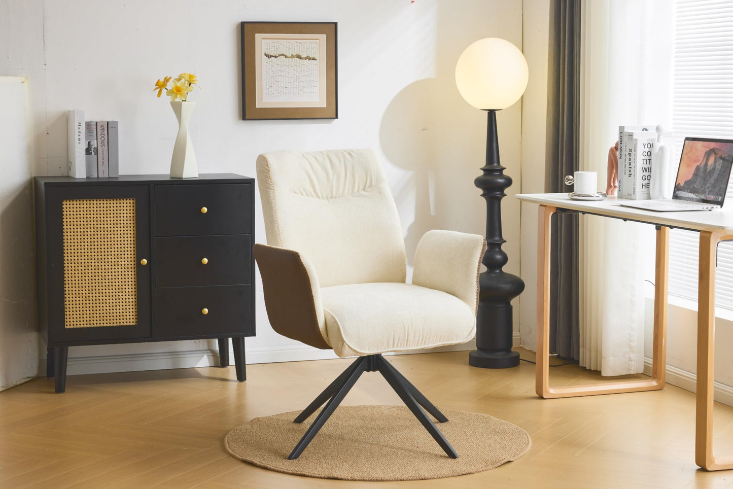 VINGLI Beige Chenille Office Desk Chair No Wheels,Comfy Modern Swivel Padded Arm Chair with Back&Lumbar Pillow,for Home,Makeup Vanity,Computer,Task,Nail Tech,Sewing,Dining,Bedroom,Living Room