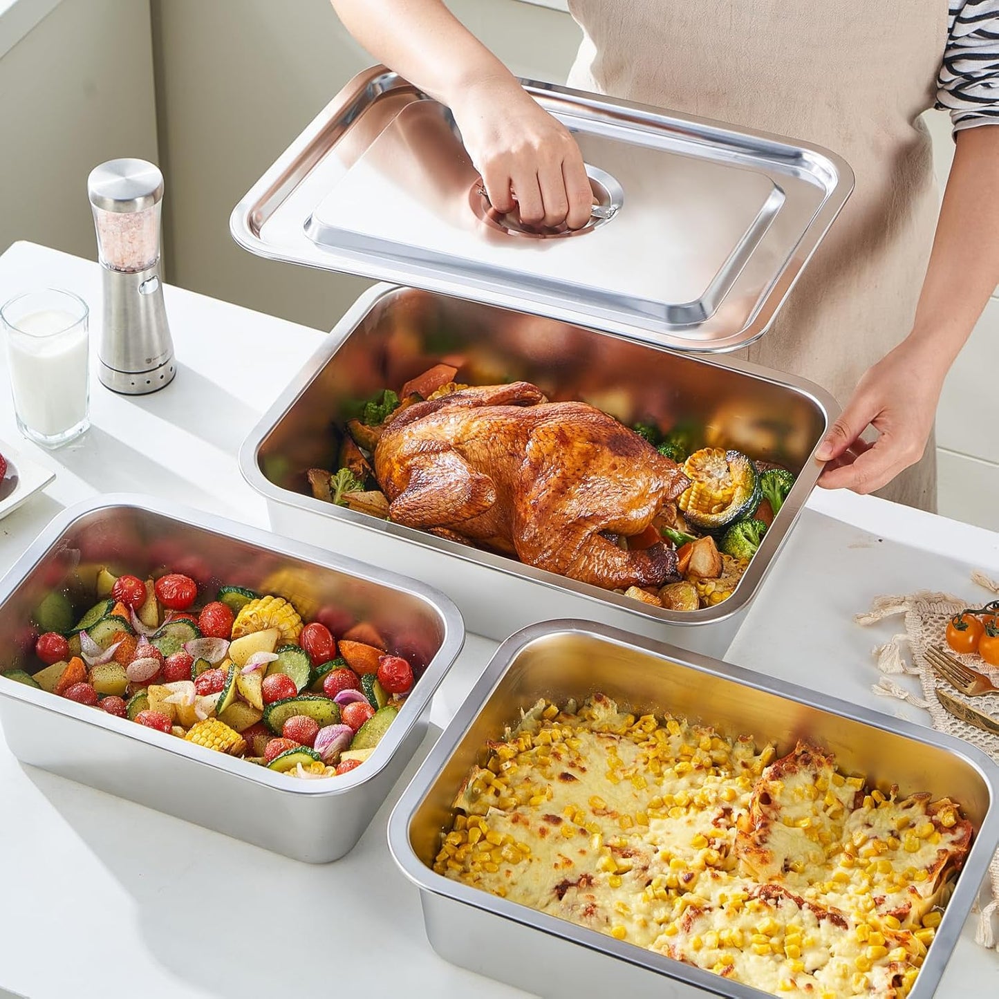Skiennix 4-Piece Extra Deep Lasagna Baking Pan Set - 11x14 Inch Nonstick Stainless Steel with Lids