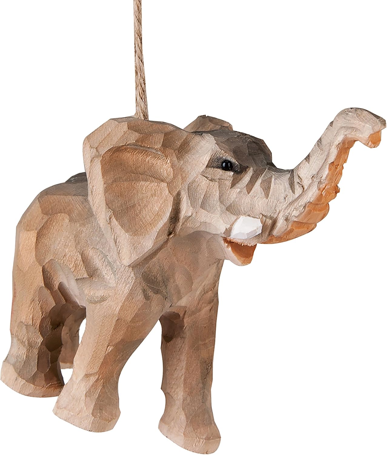 Wood Carved Elephant Ornament - Safari Wildlife Christmas Decoration