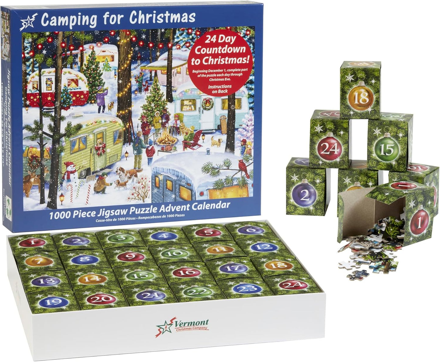 Vermont Christmas Company Jigsaw Puzzle Advent Calendar - 1000 Pieces Camping Theme for Family Fun