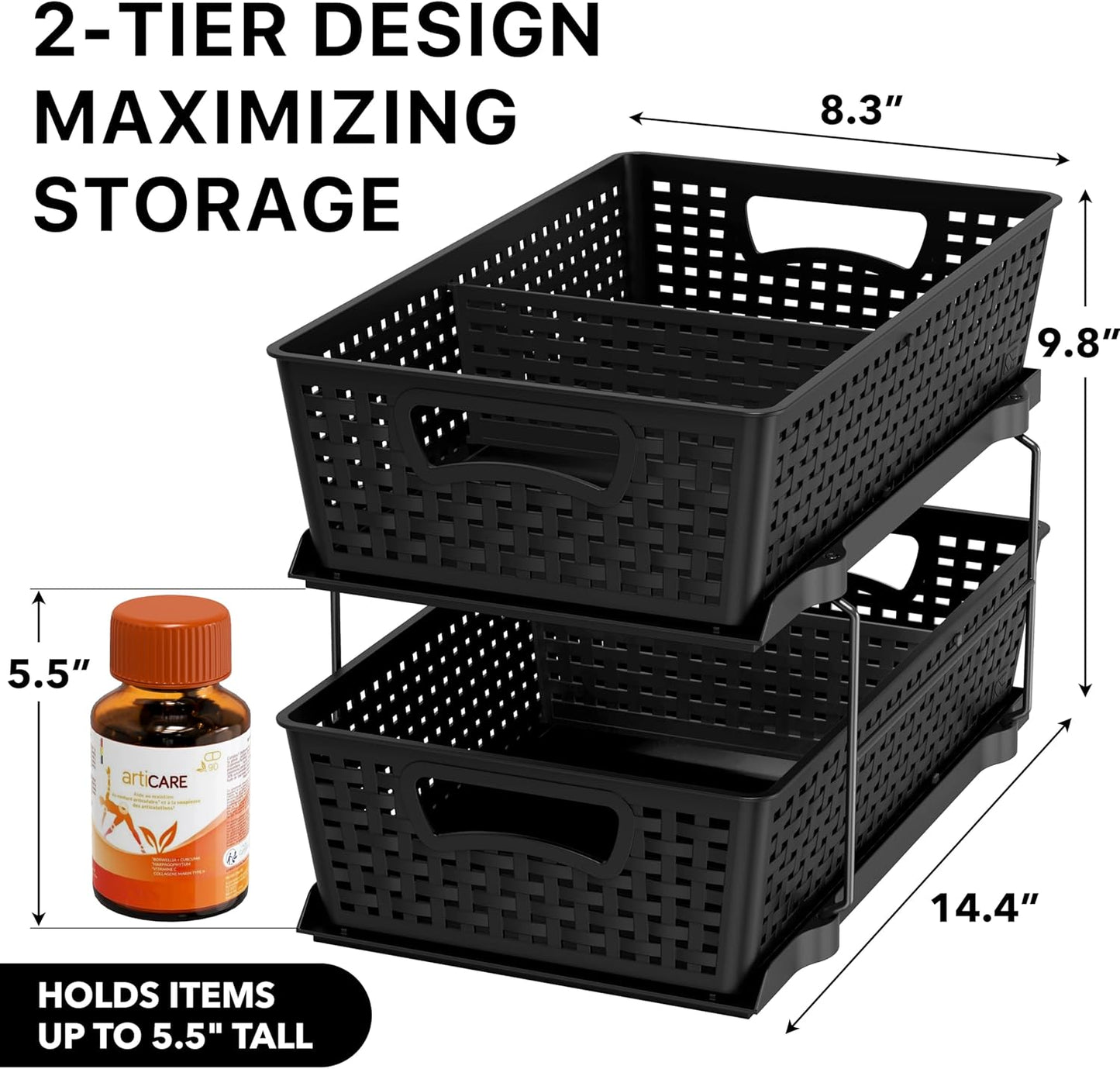 Simple Houseware 2-Tier Bathroom Organizer Tray - Pull-Out Sliding Drawer for Under Sink Storage, Black