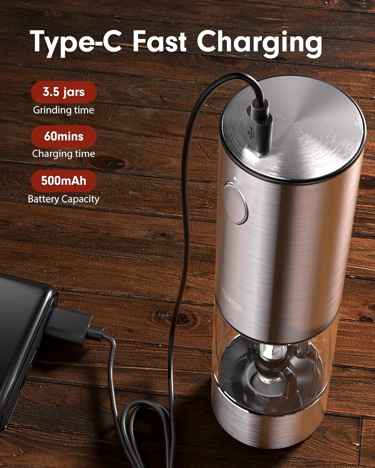 TOMEEM Electric Salt and Pepper Grinder Set - Rechargeable, Stainless Steel with LED Lights | 5 Adjustable Coarseness